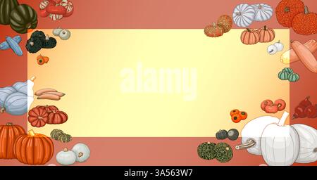 Rectangular banner with types of winter squash. Cucurbita maxima. Fruits and vegetables. Isolated vector illustration. Horizontal template. Art. Stock Vector