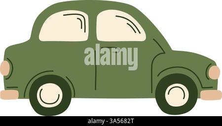 Vintage green compact car, hand-drawn retro vehicle illustration. Cute old-fashioned automobile in cartoon style for travel, countryside, and nostalgi Stock Vector