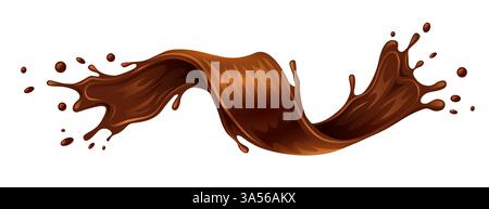 Realistic liquid chocolate wave splash isolated on white background. Swirl with drops. Vector illustration Stock Vector