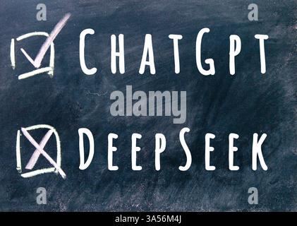 Handwritten ChatGPT check mark and DeepSeek cross mark on dark chalkboard Stock Photo