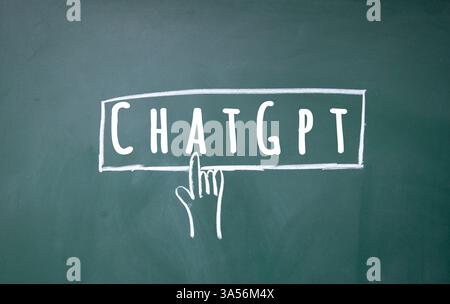 Hand drawn pointing finger and CHATGPT text on green chalkboard Stock Photo