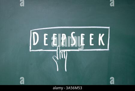 Hand drawn pointing finger and DEEPSEEK text on green chalkboard Stock Photo