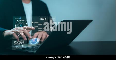 AI network of brain on business analysis, Intelligence artificial futuristic and technology development, Software for chat with AI, Businessman using Stock Photo