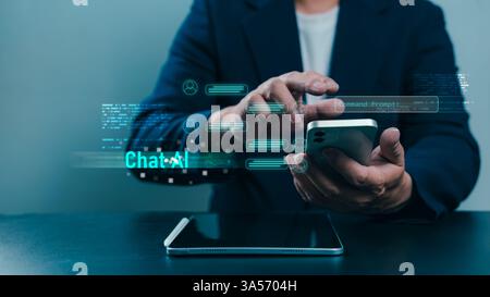 Chat Bot, Businessman using smartphone to chatting with an intelligent artificial intelligence asks for the answers he wants, Chat with AI or Artifici Stock Photo
