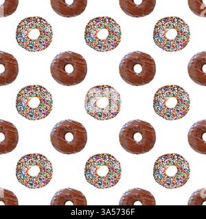 Seamless Pattern of Two Types of Delectable Chocolate Glazed Donuts on white background Stock Photo