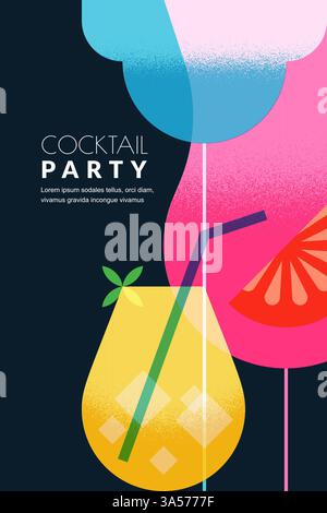 Night party vertical poster, banner, party invitation background with colorful cocktails. Vector flat illustration. Abstract geometric design for alco Stock Vector