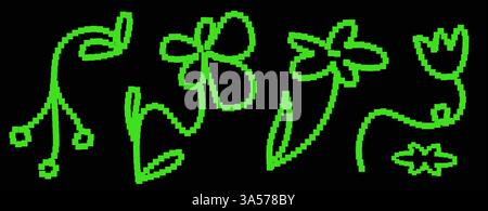 Y2k Pixeled Flowers. Acid green colors. Retro vape symbol. Trendy modern elements for poster. Vector bitmap illustration. Stock Vector
