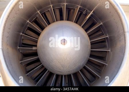 A closeup look inside a jet engine turbine. Stock Photo