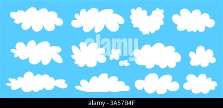 Simple white clouds set. Cute and kawaii elements collection on blue bg. Vector naive art illustration. Stock Vector