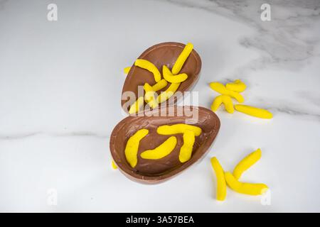 Chocolate Easter egg with a childish banana syrup flavor. Stock Photo