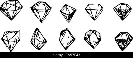 A collection of hand-drawn diamond shapes in various styles and orientations, showcasing different facets and angles. Stock Vector