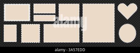 Set of postcard stamp frames, Vector post elements. Vintage postal paper card. Label border in square and heart and elipse shapes. Transparent Stock Vector