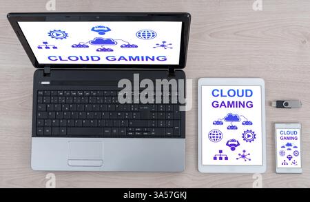 Cloud gaming concept shown on different information technology devices Stock Photo