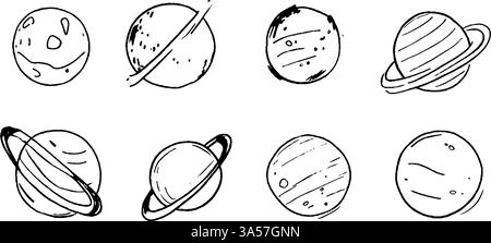A collection of hand-drawn illustrations of planets, featuring various designs including rings and textures, arranged in a grid format. Stock Vector