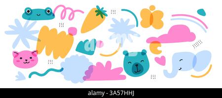 A set of trendy childrens items with animals. and natural objects. Bright colors with an overlay. Drawing with marker or riso print. Vector Stock Vector