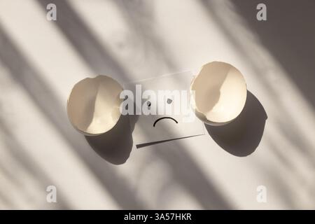 Chicken egg shell broken and sad emotions drawn on paper on white background in shadow, egg shortage in America Stock Photo