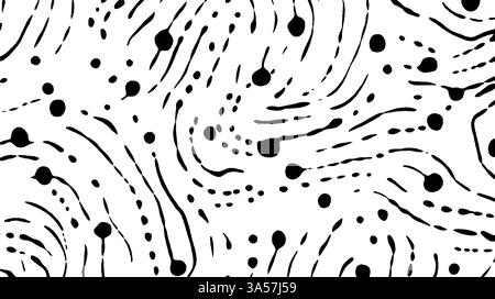 A seamless abstract pattern featuring flowing lines and dots in black on a white background, creating a dynamic and modern design. Stock Vector