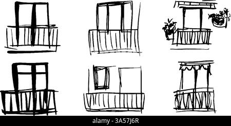A collection of six simple sketches of windows and balconies, showcasing various designs and styles. Each sketch features different window shapes and Stock Vector