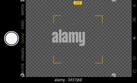 Vector camera interface mockup for phone and tablet with video, photo, and selfie modes. Includes overlay, viewfinder, rec button, zoom, focus, and Stock Vector
