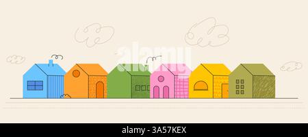 Street with road from simple house icons in bright color. Neighborhood village. Contemporary trendy illustration with textures. Vector kit of kids Stock Vector