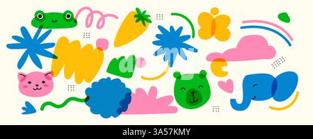 A set of trendy children items with animals. and natural objects. Bright colors with an overlay. Drawing with marker or riso print. Vector Stock Vector