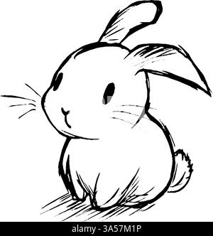 A cute, cartoon-style rabbit sitting down with large eyes and a small nose, drawn in simple black lines on a white background. Stock Vector
