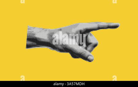 The hand that points to the right. Halftone cutout element on yellow background. Pop art retro element with dots effect. Paper texture Stock Vector