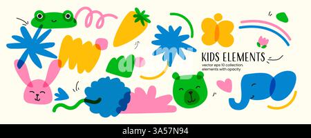 A set of trendy children's items with animals. and natural objects. Bright colors with an overlay. Drawing with marker or riso print. Vector Stock Vector