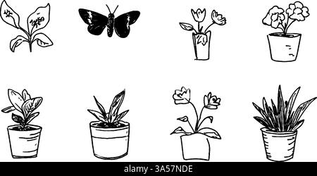 Hand-Drawn Plants and Butterfly Illustrations Stock Vector