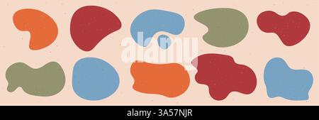 A set of abstract bounded rounded liquid blob shapes. Irregular design elements with retro texture. Vector contemporary illustration . Stock Vector