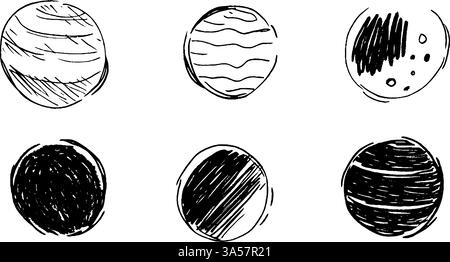 A collection of six hand-drawn planets, each with unique textures and patterns. The designs vary from striped to dotted and shaded, showcasing a Stock Vector