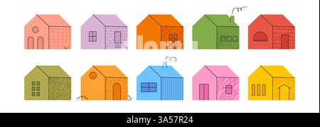 Set of simple house icons in bright color with simple black doodle lines. Contemporary trendy illustration with textures. Vector kit of children's Stock Vector