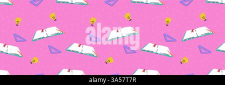 A contemporary seamless pattern with a Back to School theme. Pink bright background with doodles and open book , light bulb - idea and ruler. Trendy Stock Vector