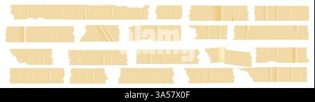 A set of plastic beige pieces of torn scotch tape. Trendy elements for designs with realistic texture. Vector patches on white background Stock Vector