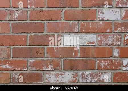 A brick wall with white spots on it. The wall is made of red bricks. The white spots are likely from paint or other materials that have been applied t Stock Photo