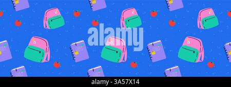 A contemporary seamless pattern with a Back to School theme. Blue background with doodles and backpack, notebook and apples. Trendy vector Stock Vector
