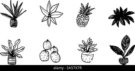 Whimsical Hand-Drawn Plants and Fruits Collection Stock Vector