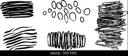 A collection of abstract black ink strokes and shapes, featuring various textures and patterns. The designs include thick lines, dots, and scribbles Stock Vector