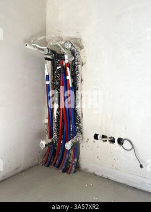 heating pipes, gas pipes, new development, new building, under construction, heating system, new build, apartment, house, new home, pipes, HVAC, MEP Stock Photo