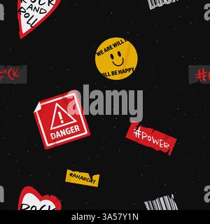 Grunge seamless pattern with a noisy background. Rock stickers, modern background. Trendy vector illustration and collage. Stock Vector