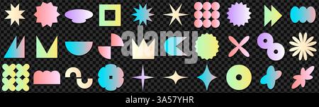 Geometric gradient figures in the style of brutalism. Trendy geometry with black shadow. Crowns and stars and daisy flowers. Set with different shapes Stock Vector