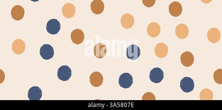 Seamless vector pattern with irregular crayon dots and splotches in a retro polkadot style. Abstract beige background with a modern geometric design. Stock Vector