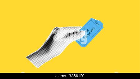 Vector collage element. Halftone-style hand showing ticket. On a yellow background. Punk illustration Stock Vector