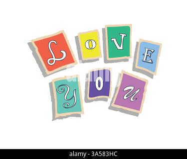 Love you, torn paper colorful lettering Stock Vector