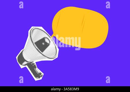 Loudspeakers for collage. megaphones vibrant purple background. Vector halftone illustration Grunge punk element with yellow speech bubble. Stock Vector