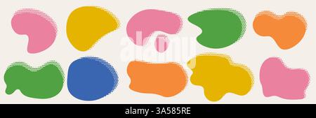 Collection of ogranic popart blob shapes. Flat liquid forms. Retro vector elements. Abstract rounded banners with halftone dotted texture. Space for Stock Vector