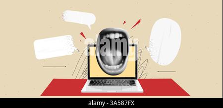 Workspace collage background with laptop and a scream mouth and speech bubbles. Retro beige and red colors. Dynamic cover. Vector tredny popart grunge Stock Vector
