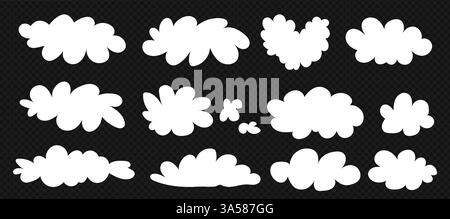 Simple white clouds set. Cute and kawaii elements collection on transparent bg like a png. Vector naive art illustration. Stock Vector