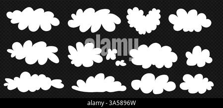 Simple white clouds set. Cute and kawaii elements collection on transparent bg like a png. Vector naive art illustration. Stock Vector