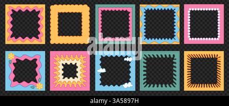 Set of border square frames with groovy elements. Text boxes on transparent background as a png. Cute and fun. Wavy line and clouds. Trendy template Stock Vector
